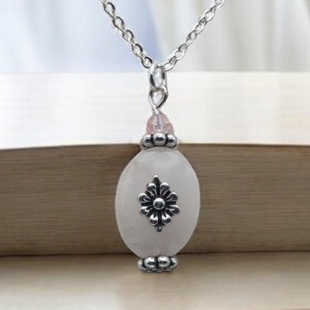 Pink Glass Floral Pendant Necklace Silver  – Soft Delicate Romantic